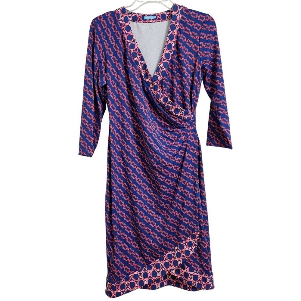 J.McLaughlin Wrap Dress Womens S Blue Pink Geometric Faux Wrap 3/4 Sleeve Sheath